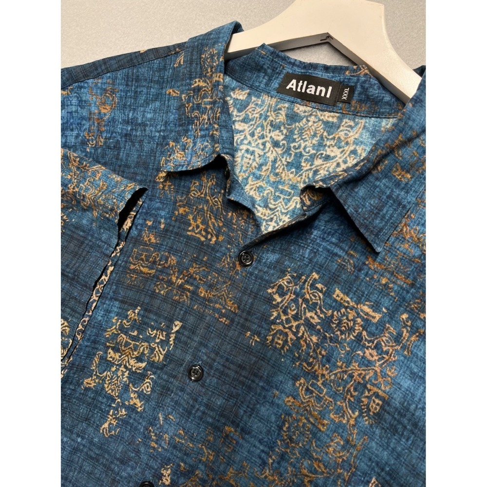 Atlanl Mens‎ XXXL Blue Gold Damask Short Sleeve Button Down Cotton Viscose Shirt